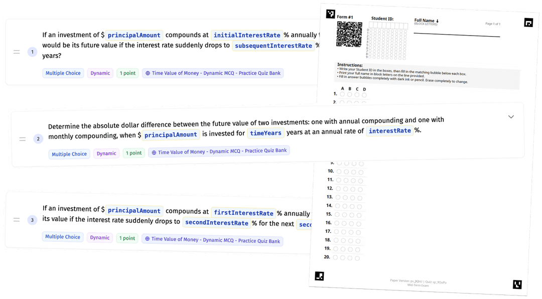 Example bubble answer sheet showing student ID, QR code, and 20 multiple choice questions