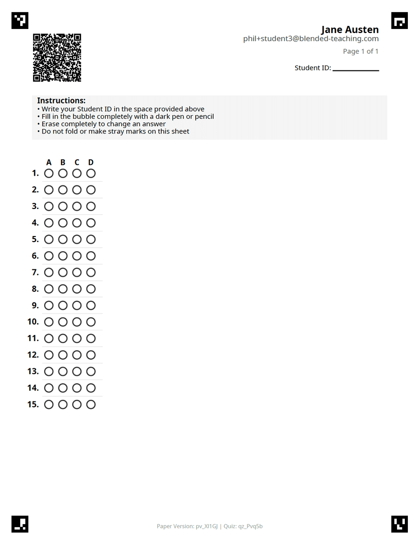 Example bubble answer sheet